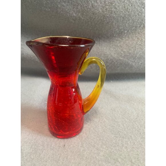 Vintage Crackle Red Glass Miniature Pitcher Vase with Yellow Handle - Picture 3 of 9